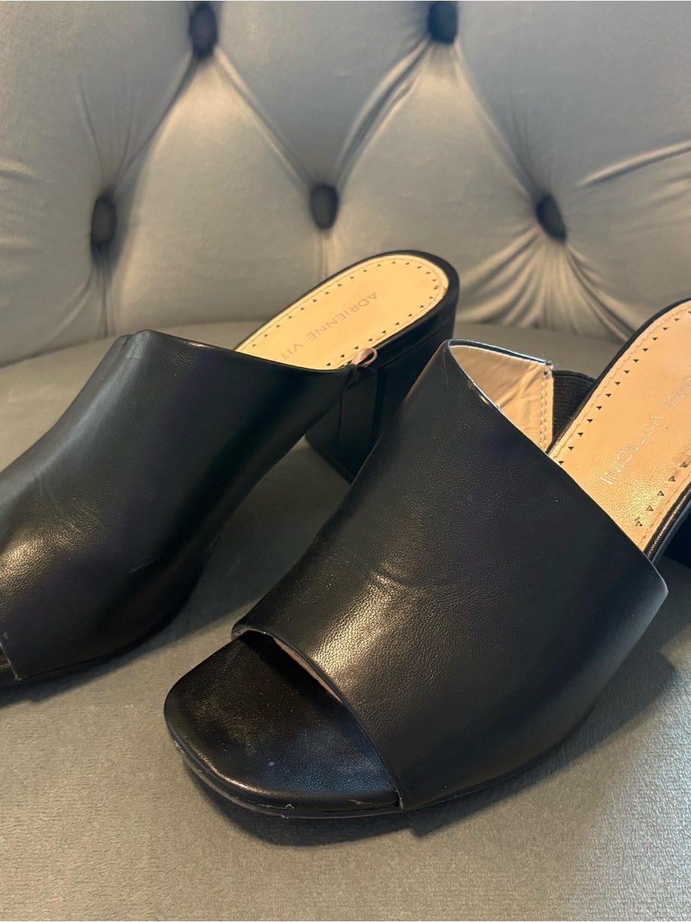 Adrienne Vittadini Black Leather Open-Peep Toe Mule 3” Block Heels Sz 7.5